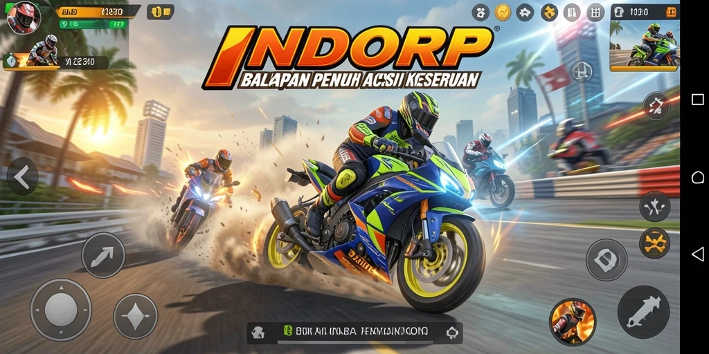 Tangkapan layar INDORP menunjukkan aksi balapan motor yang seru.