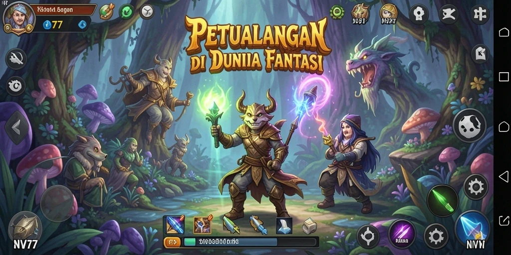 Screenshot utama NV77 menampilkan karakter berpetualang di hutan misterius.