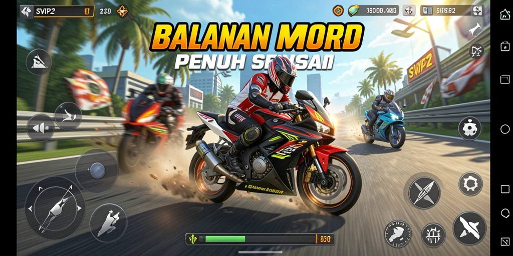 Tampilan gameplay SVIP2 dengan balapan motor yang seru.