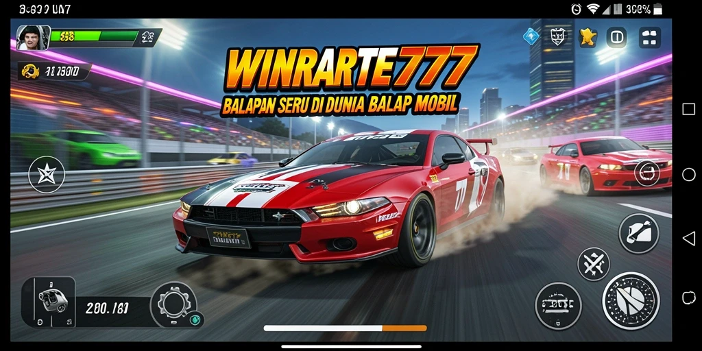 Screenshot menunjukkan aksi balap seru di WINRATE777 dengan mobil-mobil cepat.